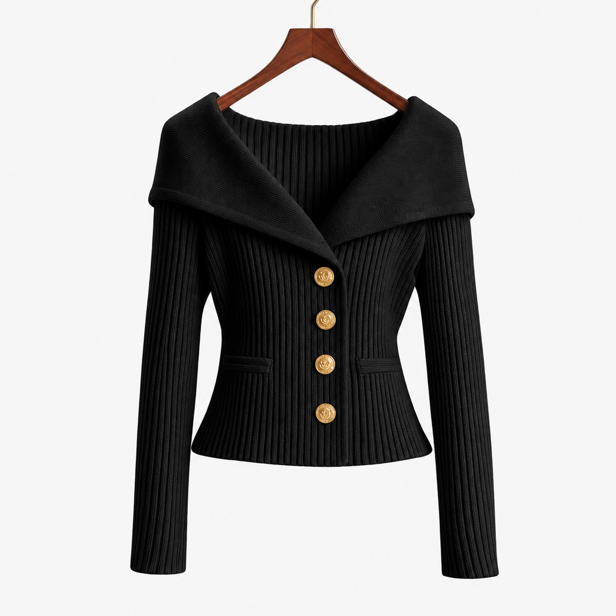 Cardigan côtelé boutonné noir pour femme, col large et boutons dorés, vue de face sur cintre