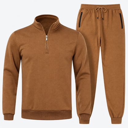 Ensemble de jogging homme marron, sweat zippé et pantalon, vue de face