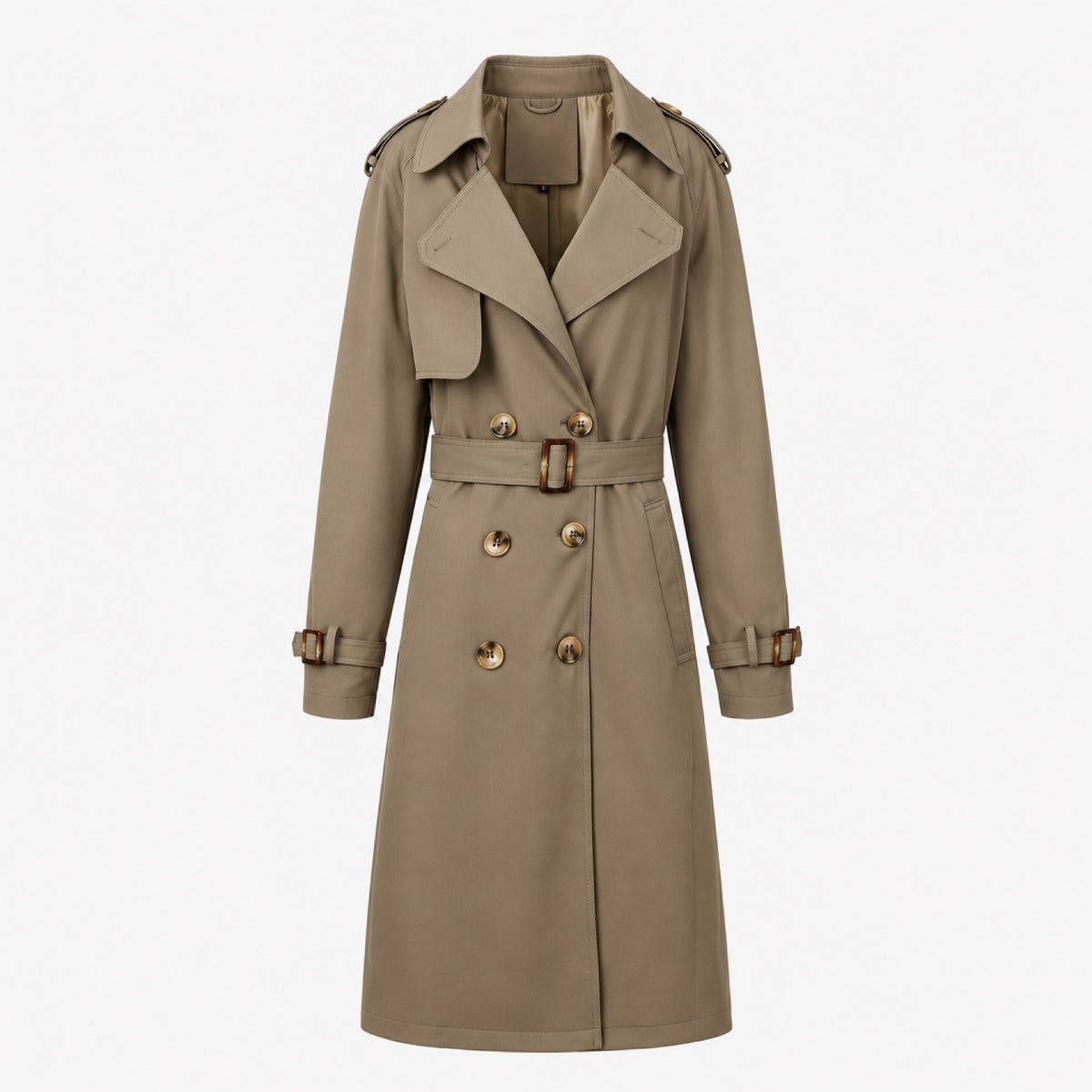 Trench-coat femme café, détail de la ceinture ajustable à boucle