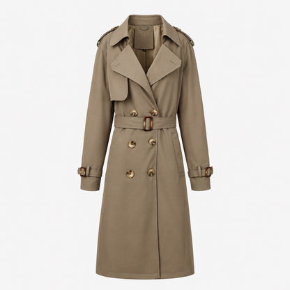 Trench-coat femme café, détail de la ceinture ajustable à boucle
