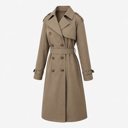 Trench-coat femme café à double boutonnage, vue de face sur buste