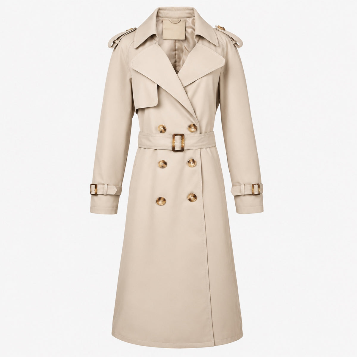 Trench-coat femme marron clair, détail des poches latérales fonctionnelles