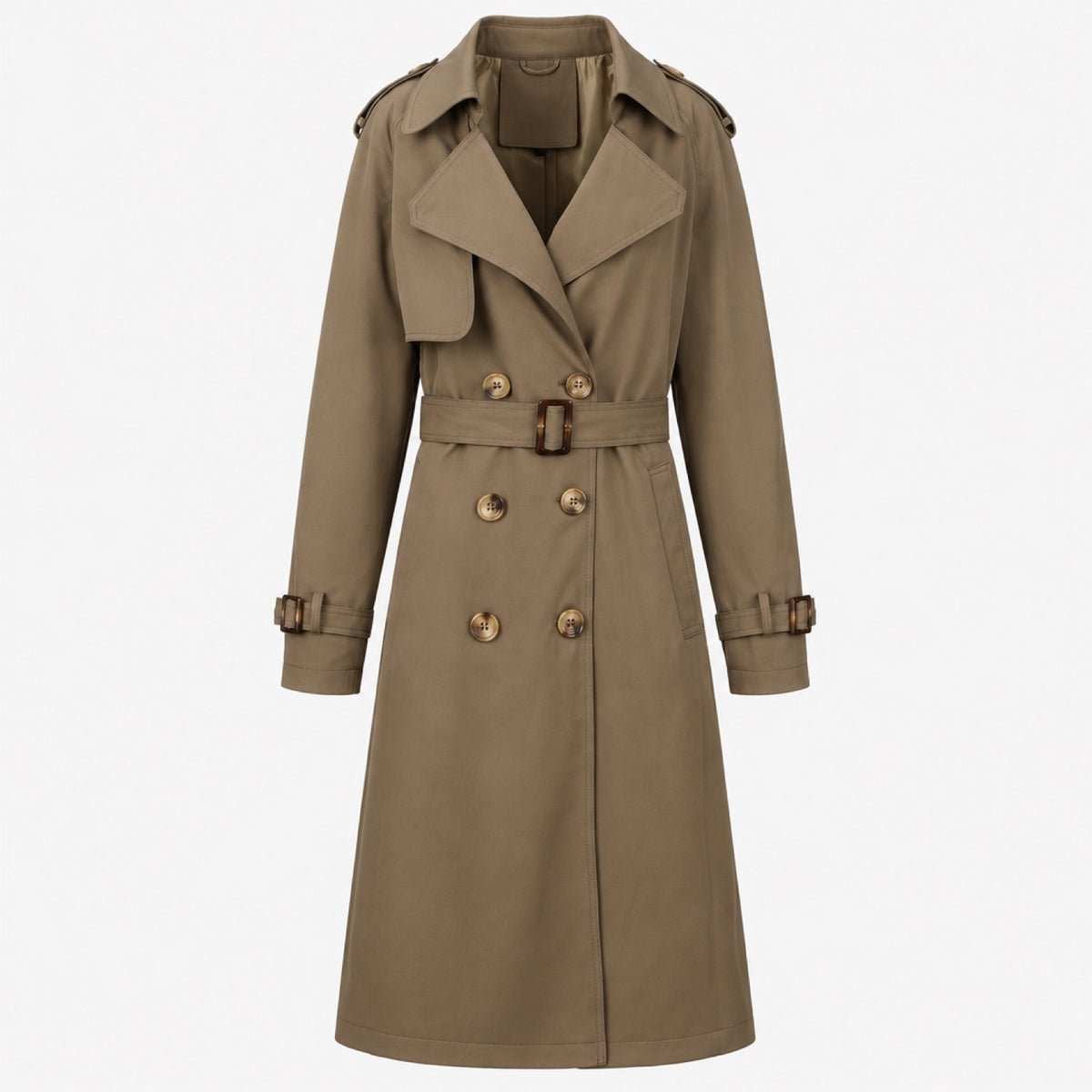 Trench-coat femme café, ceinture nouée à la taille