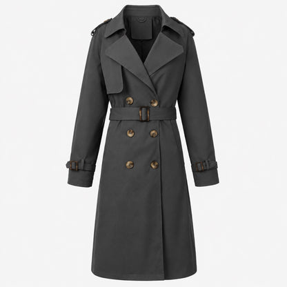 Trench-coat femme gris, détail des revers et du col classique