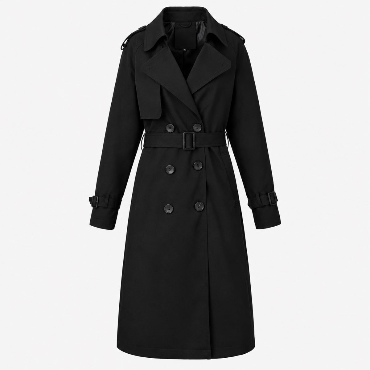 Trench-coat femme noir, silhouette en mouvement