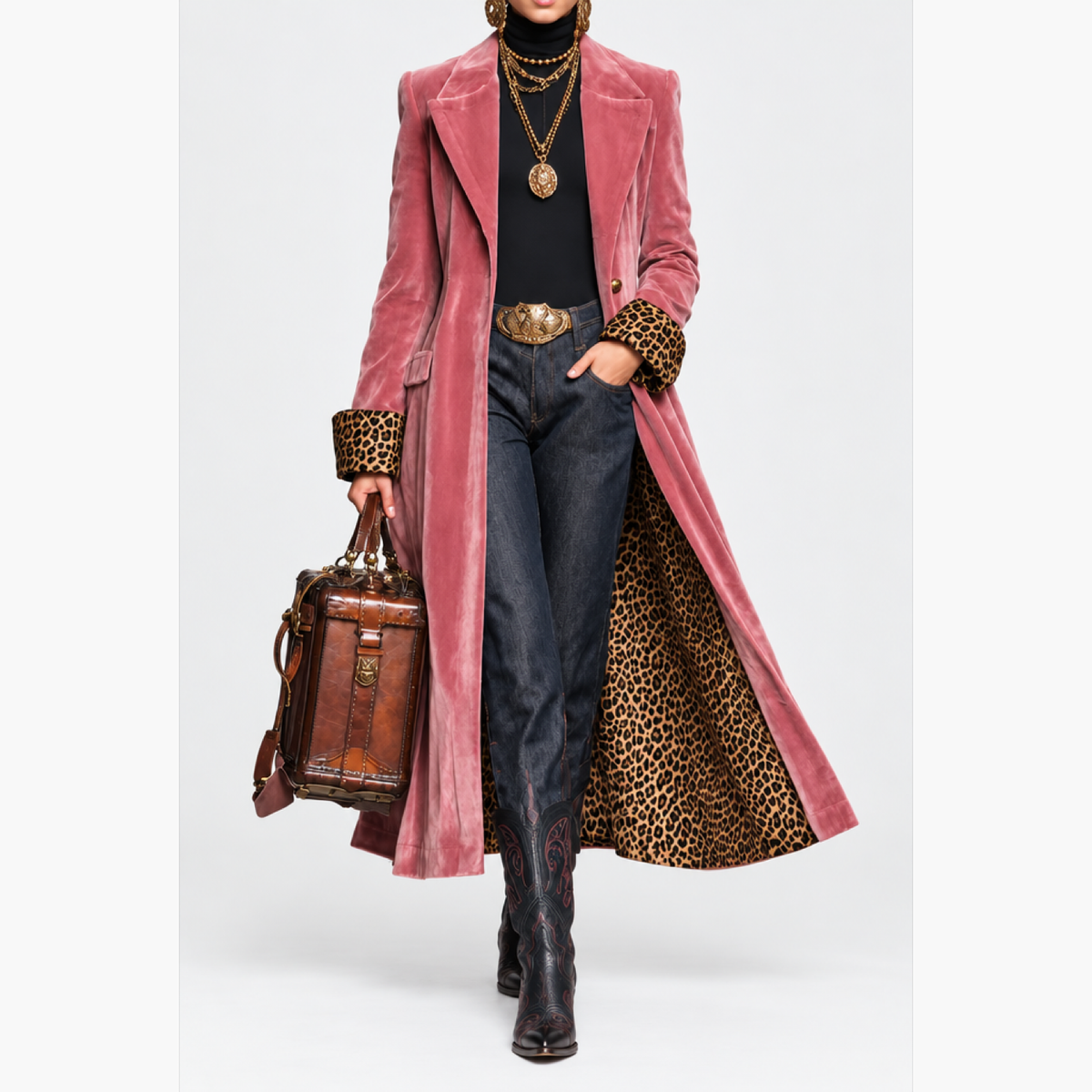 Manteau long cintré femme rose, col et revers, vue de face en studio