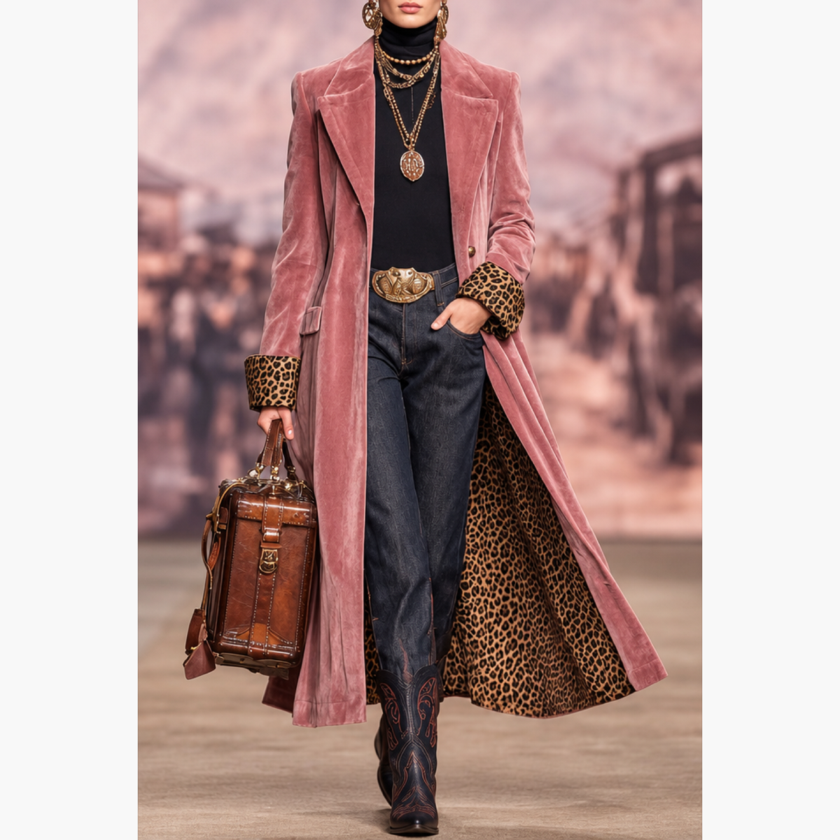 Manteau long cintré femme coloris rose, doublure imprimé léopard, porté de face