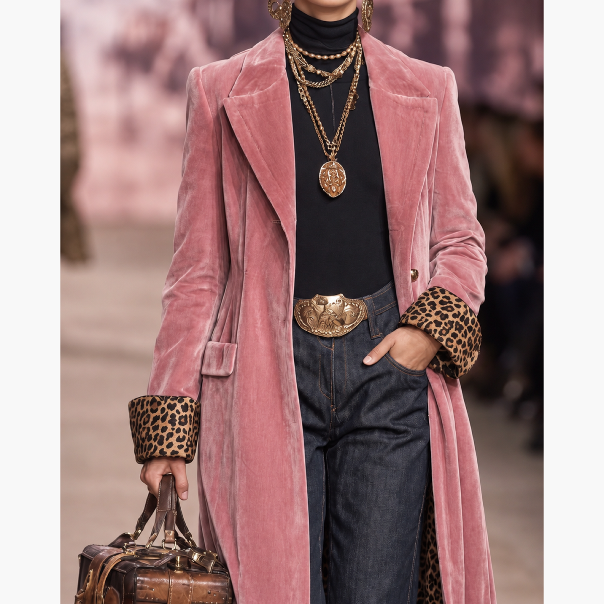 Manteau rose, gros plan sur la ceinture et le poignet à imprimé léopard