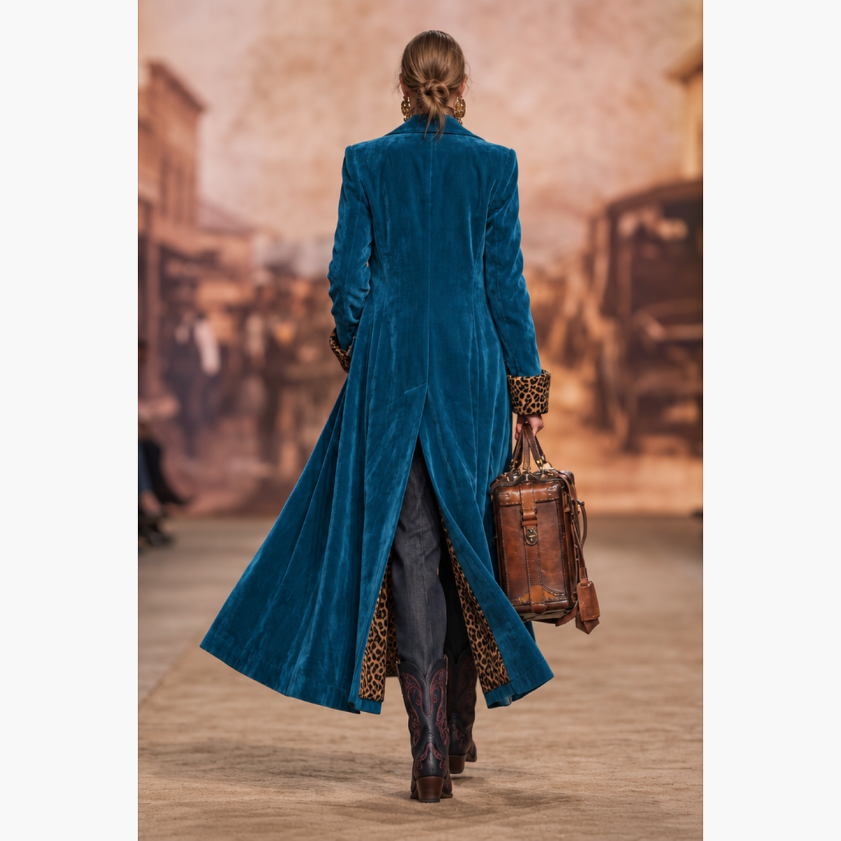 Manteau long cintré bleu, vue de dos avec doublure léopard apparente