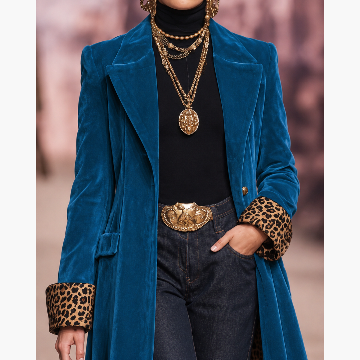 Manteau bleu, gros plan sur la ceinture et le poignet à imprimé léopard