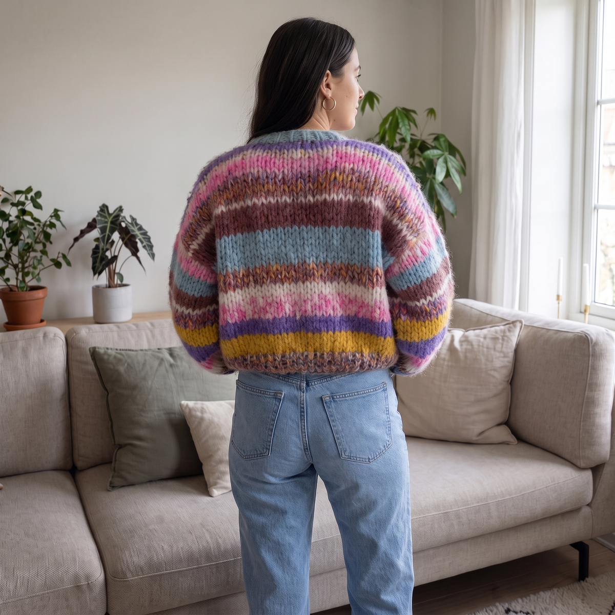 Gilet maille chunky rayé violet, vue de dos