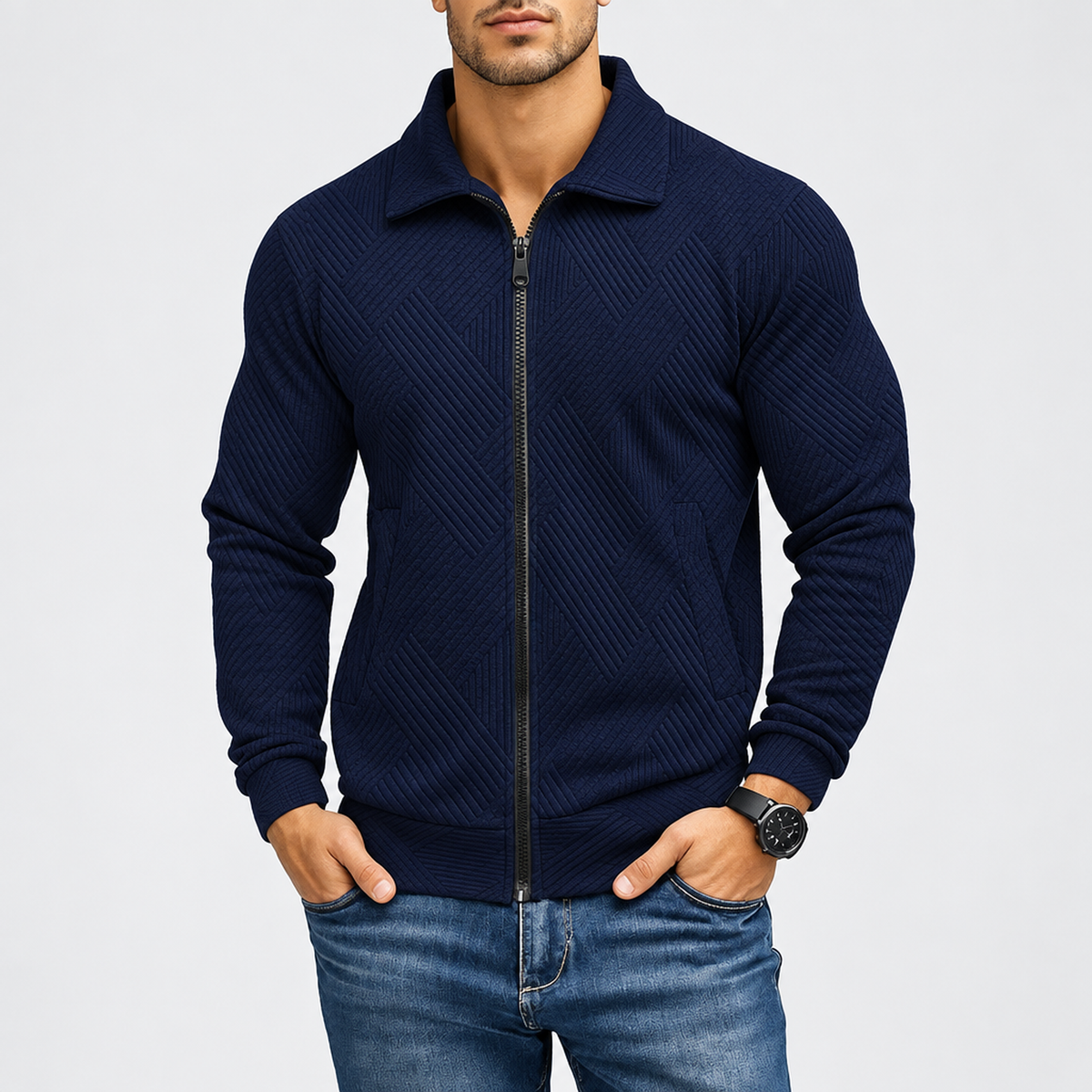 Gilet homme zippé bleu marine, vue studio
