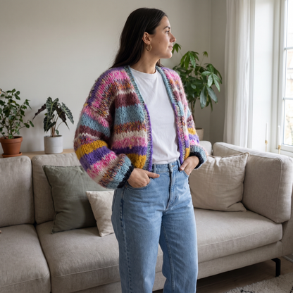 Gilet maille chunky rayé violet, porté avec jean, vue de face