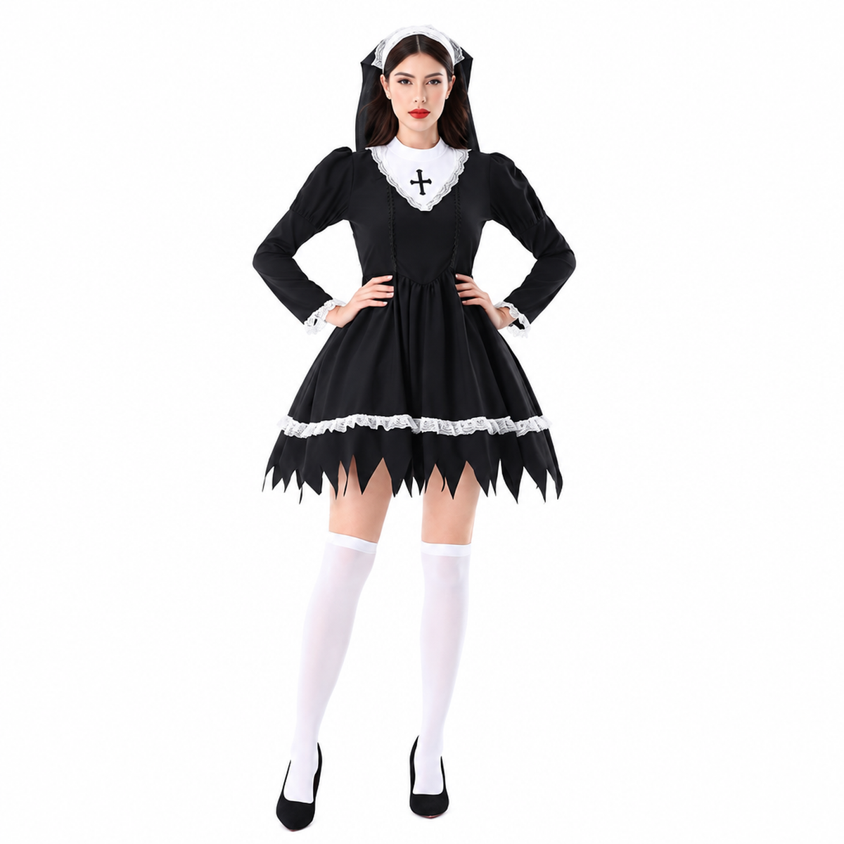 Déguisement nonne vampire gothique femme avec coiffe en dentelle blanche, look complet