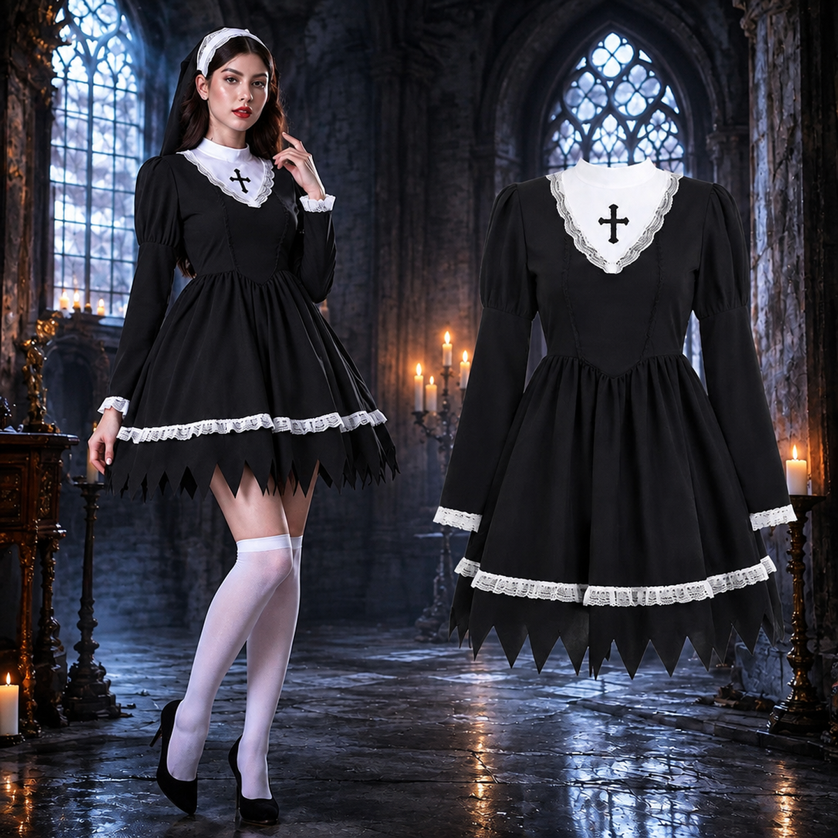 Déguisement nonne vampire gothique femme, robe courte avec col en dentelle, croix appliquée et ourlet dentelé
