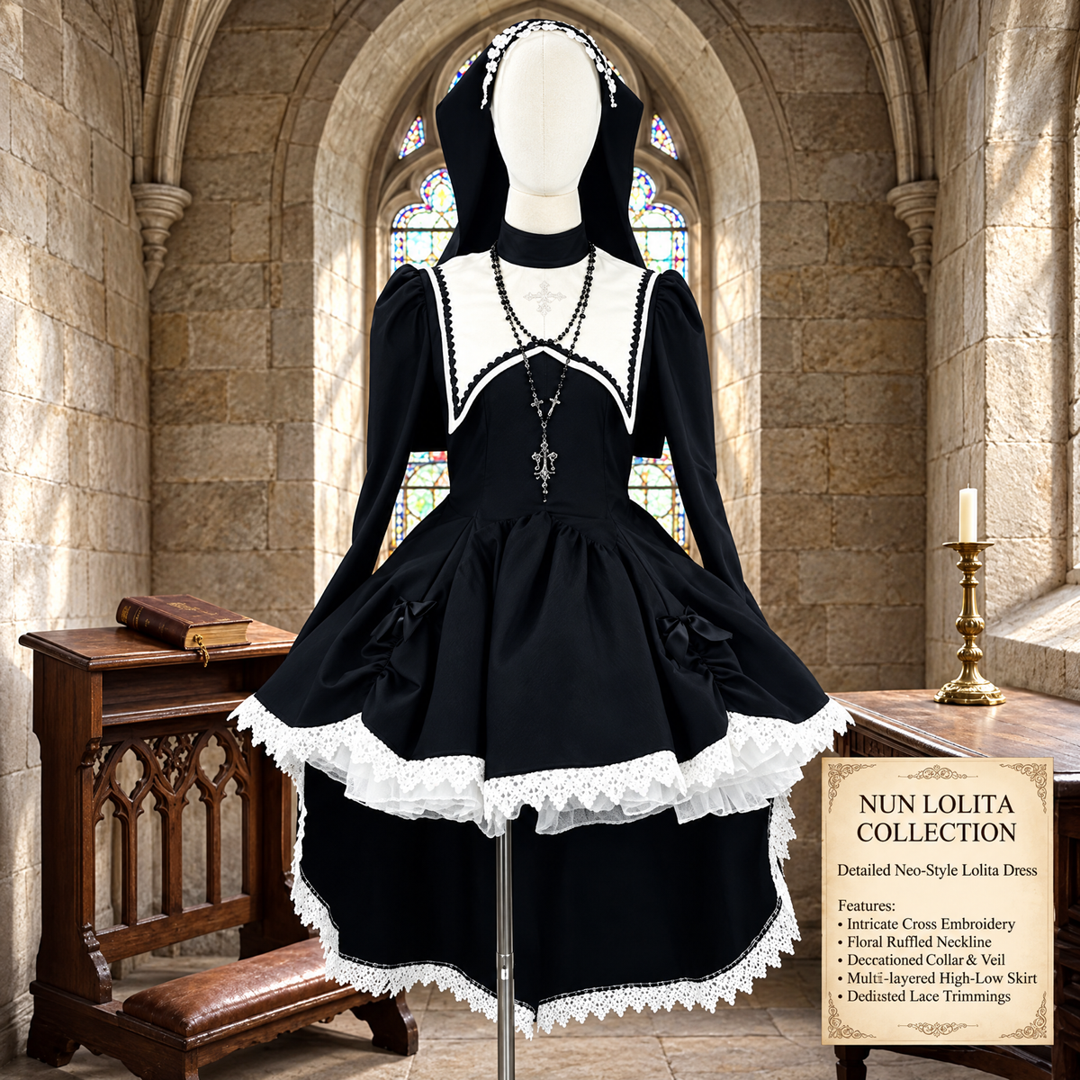Déguisement nonne gothique lolita femme, robe à jupe asymétrique en dentelle avec coiffe et collier chapelet