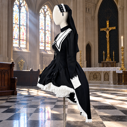 Déguisement nonne gothique lolita femme, vue de profil de la jupe à volants de dentelle et de la traîne asymétrique
