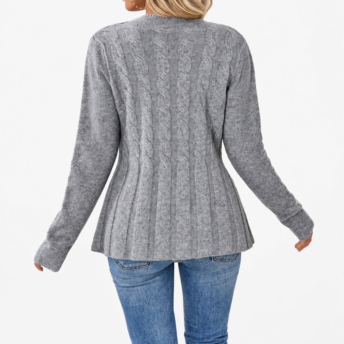 Cardigan féminin gris à peplum ajusté, vue de dos en studio