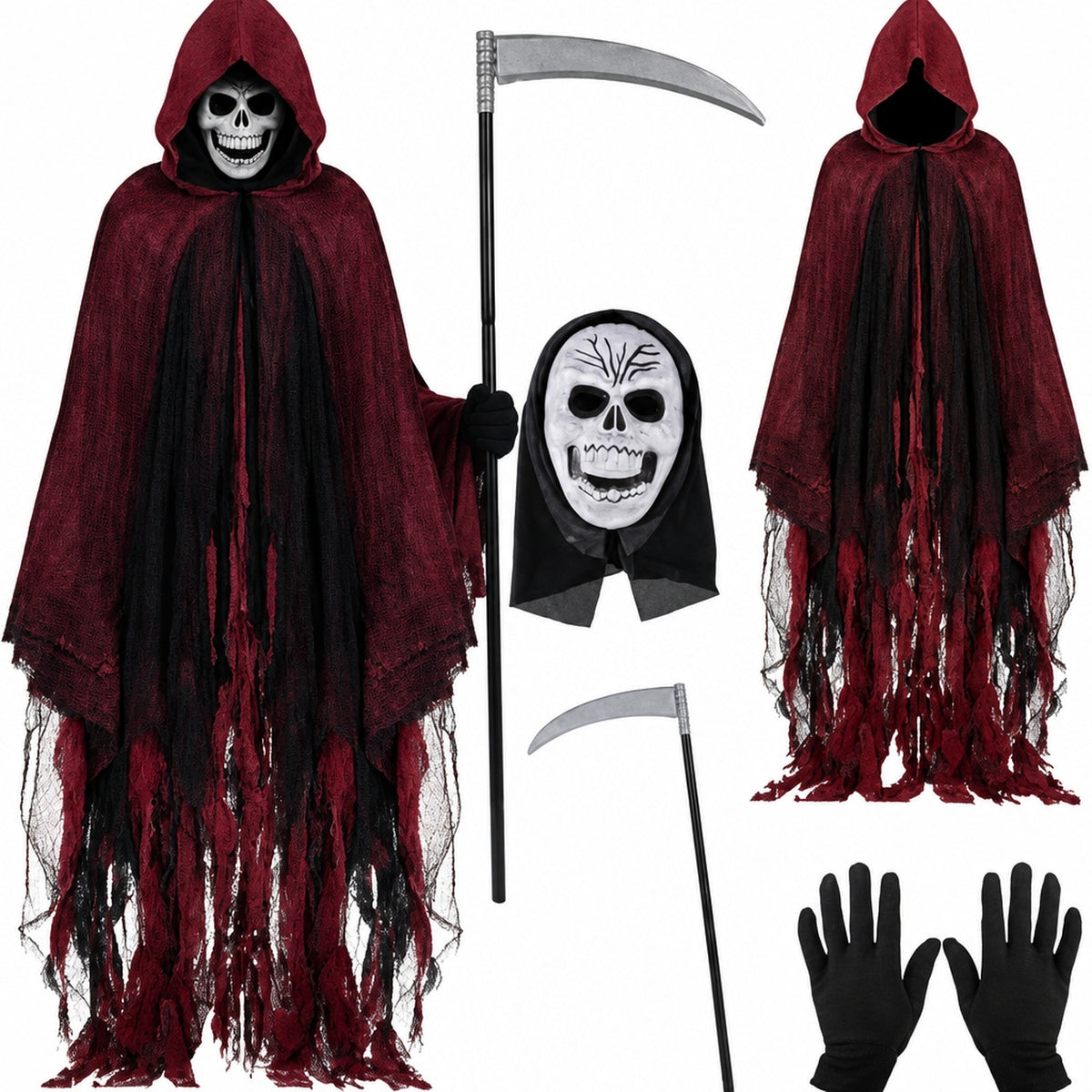 Déguisement Faucheuse adulte bordeaux : cape à capuche vue de face et de dos, masque de crâne, faux décorative et gants noirs