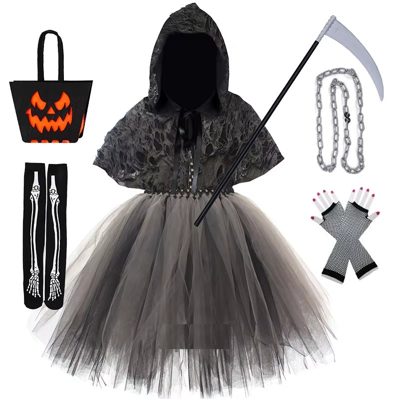Ensemble complet costume faucheuse pour fille avec sac citrouille et gants résille