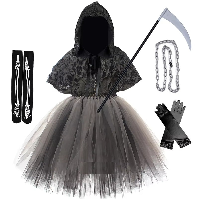 Robe tutu faucheuse pour fille avec faux, chaîne, chaussettes et gants satin