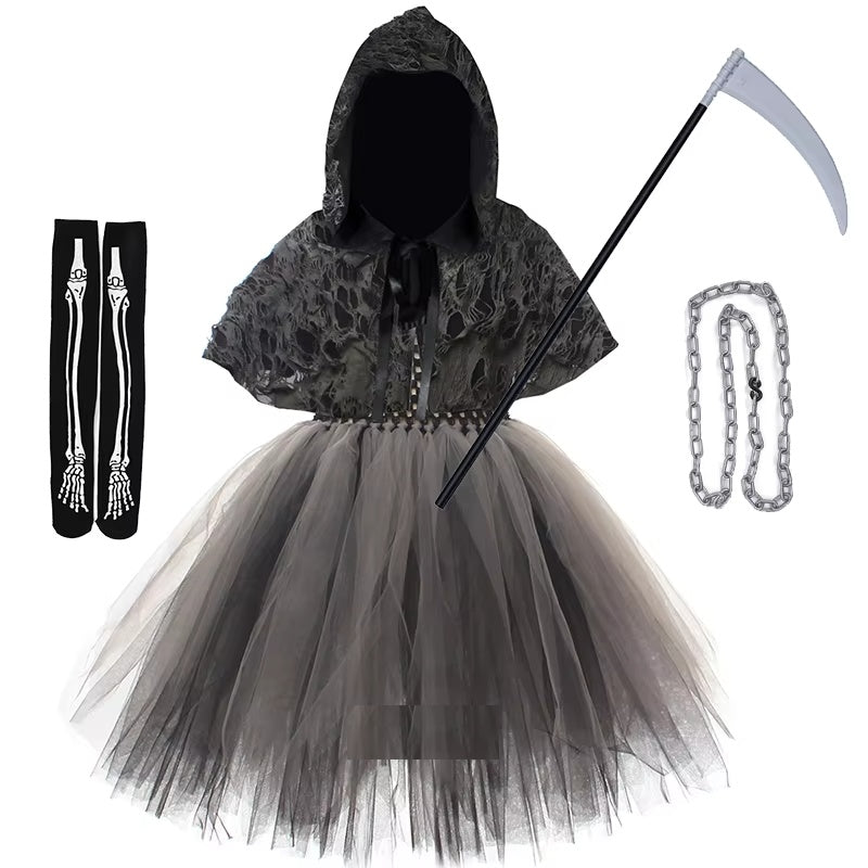 Robe tutu faucheuse pour fille avec faux, chaîne et chaussettes squelette