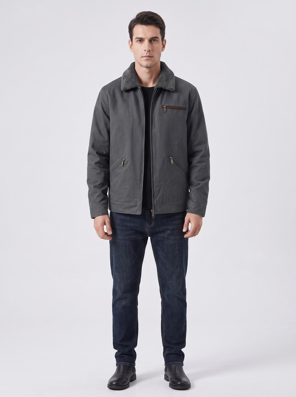 Veste de travail homme grise avec doublure polaire, vue de face - photo studio