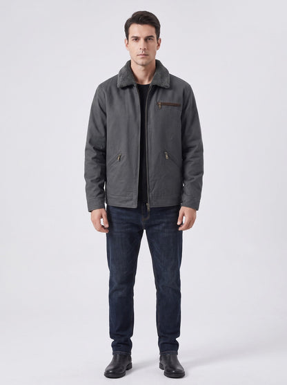 Veste de travail homme grise avec doublure polaire, vue de face - photo studio