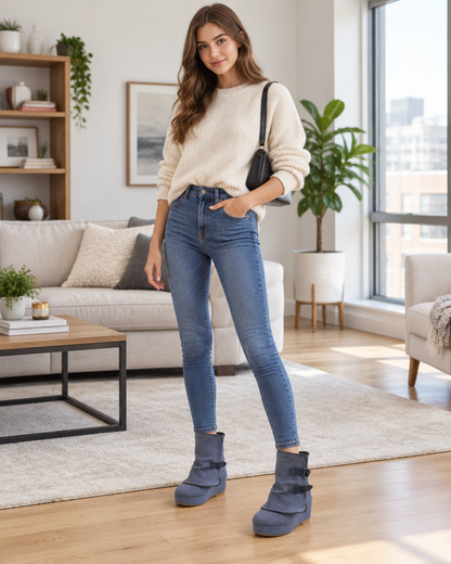 Bottines chunky grises à boucles portées par un mannequin, en intérieur