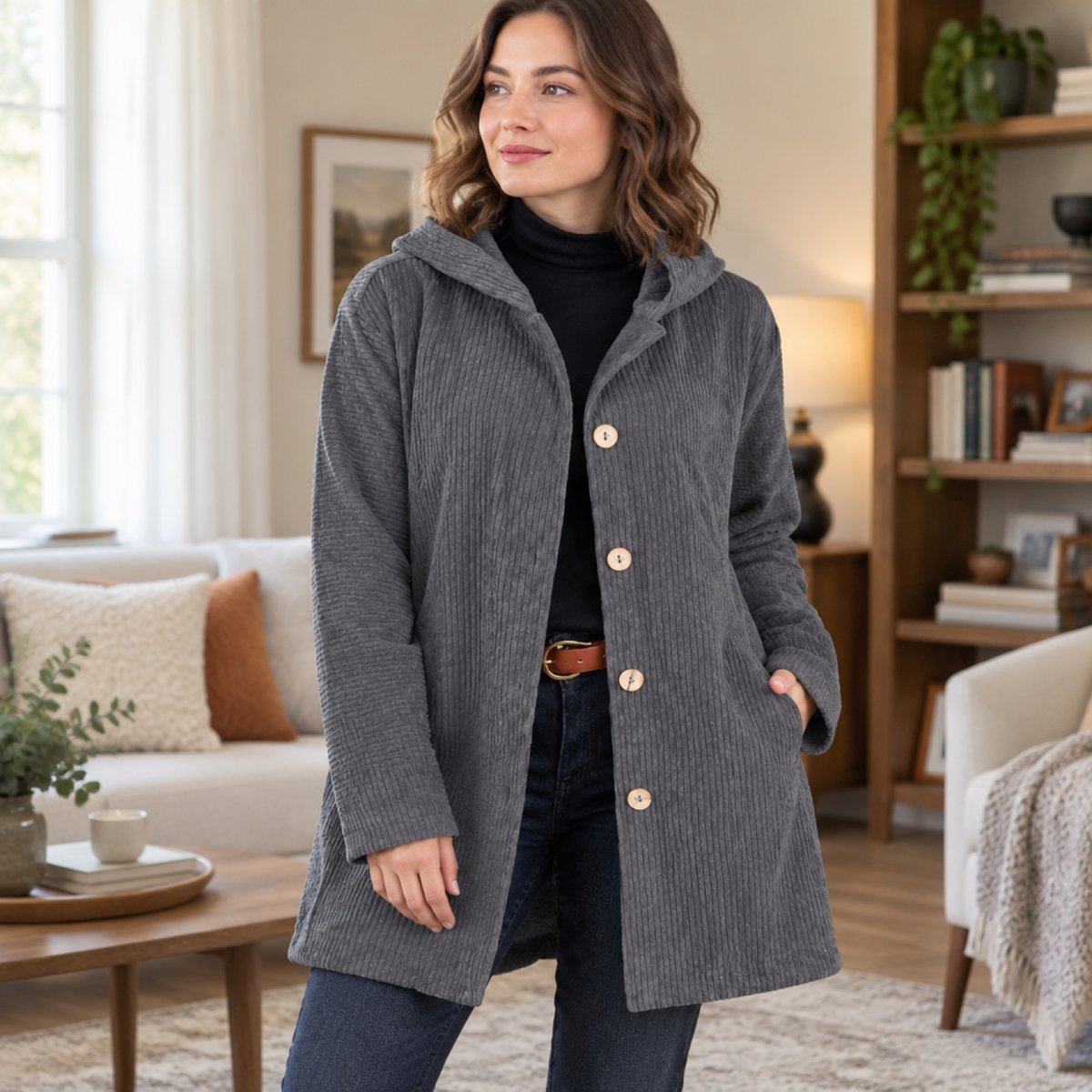 manteau femme gris, porté par une mannequin en intérieur