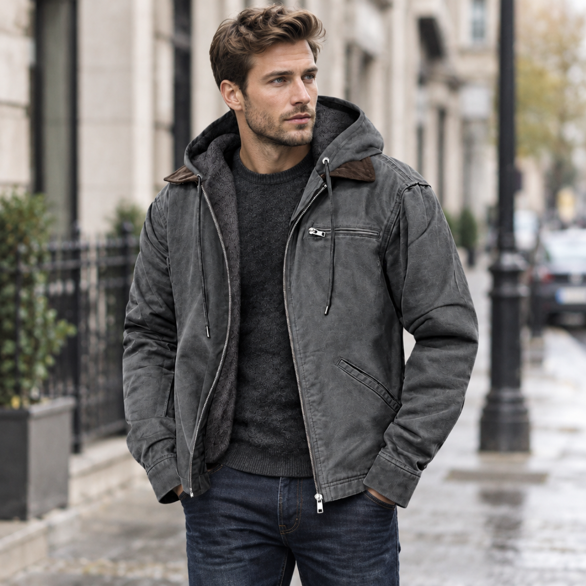 Veste imperméable à capuche grise portée en extérieur