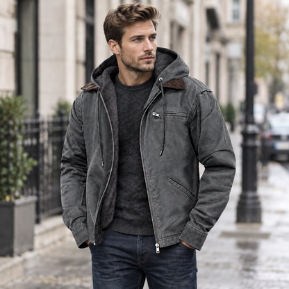 Veste imperméable à capuche grise portée en extérieur