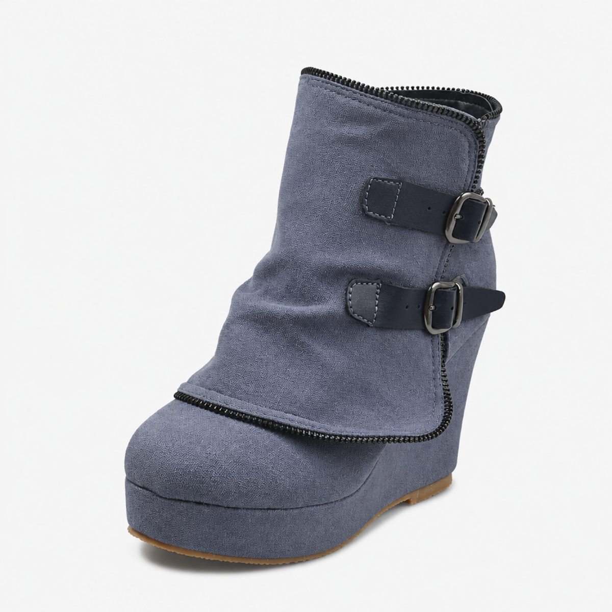 Bottines chunky à boucles rétro, coloris gris, vue trois-quarts sur fond blanc