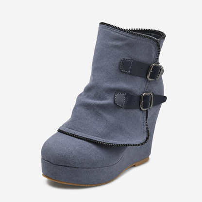Bottines chunky à boucles rétro, coloris gris, vue trois-quarts sur fond blanc