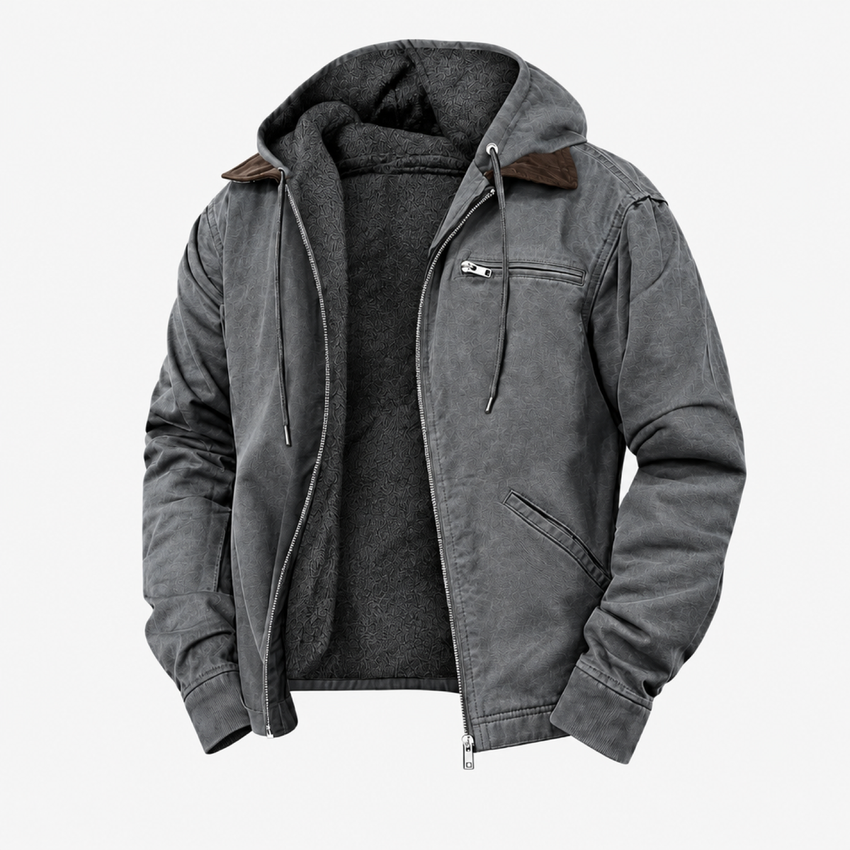 Veste imperméable à capuche grise doublée polaire, vue studio
