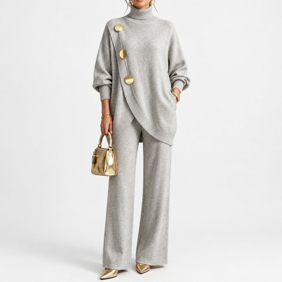 Ensemble maille deux pièces femme gris clair, haut asymétrique boutonné et pantalon large, vue de face studio