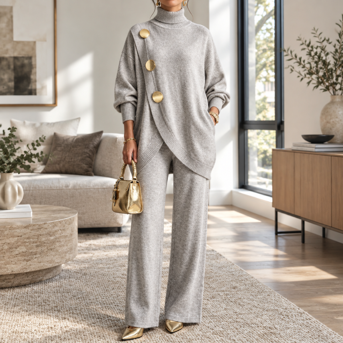 Ensemble maille deux pièces femme gris clair, haut asymétrique boutonné et pantalon large, porté par un mannequin