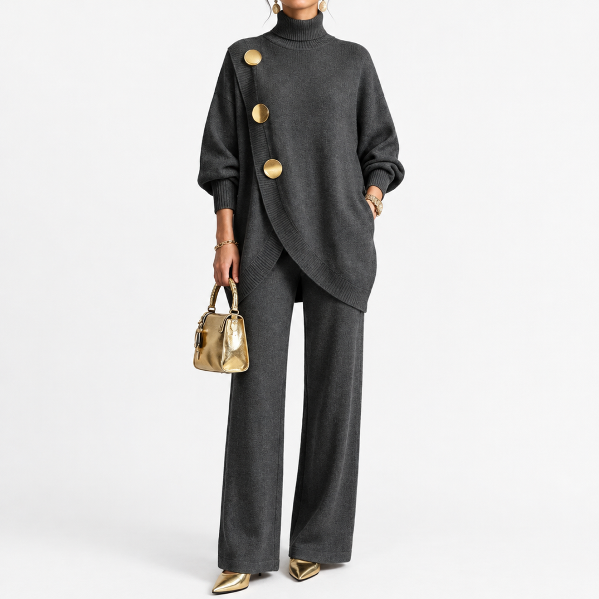 Ensemble maille deux pièces femme gris foncé, haut asymétrique boutonné et pantalon large, vue de face studio