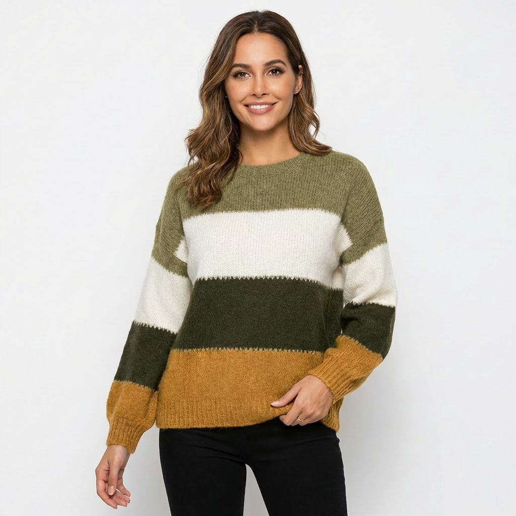Pull femme color block Vert-brun