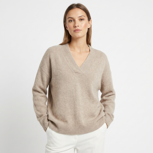Pull femme col V oversize Beige