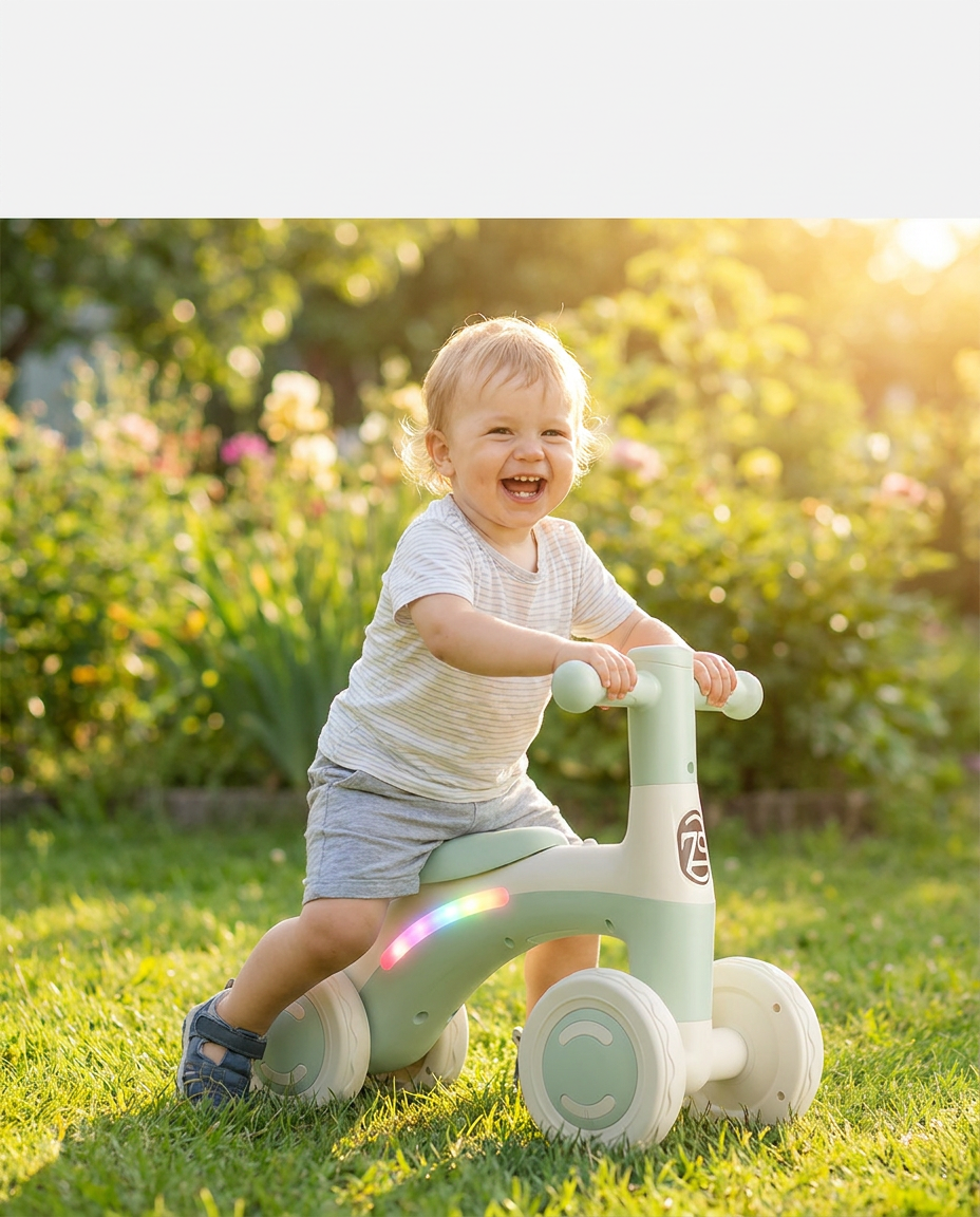 Bebe qui rit en roulant sur la draisienne lumineuse verte dans un jardin ensoleille