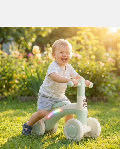 Bebe qui rit en roulant sur la draisienne lumineuse verte dans un jardin ensoleille