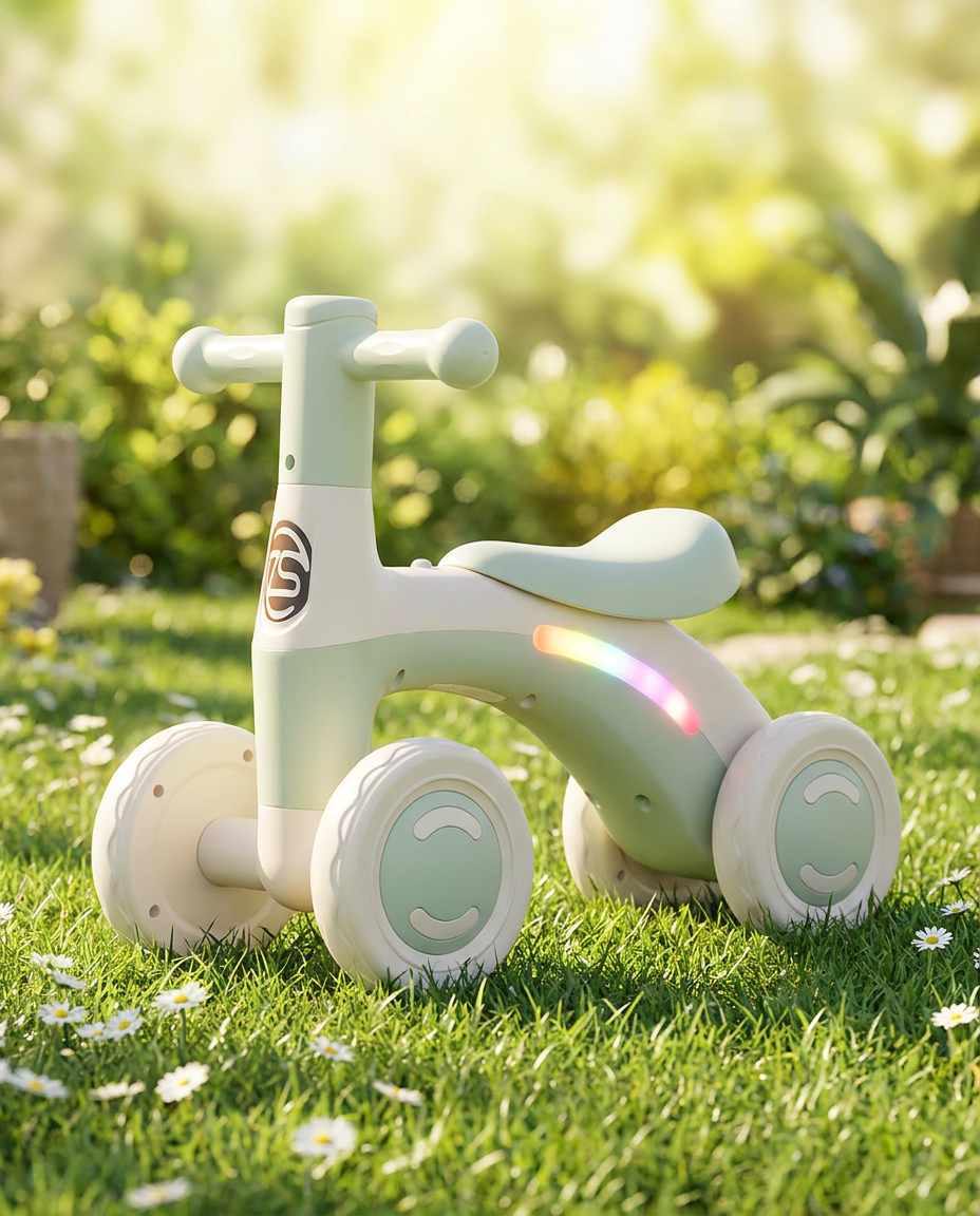 Draisienne 4 roues vert menthe avec bande LED sur une pelouse ensoleillee