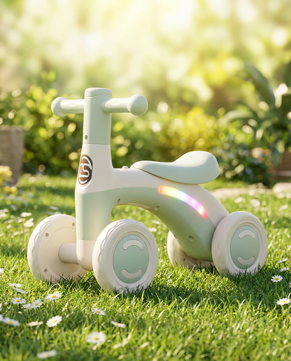 Draisienne 4 roues vert menthe avec bande LED sur une pelouse ensoleillee