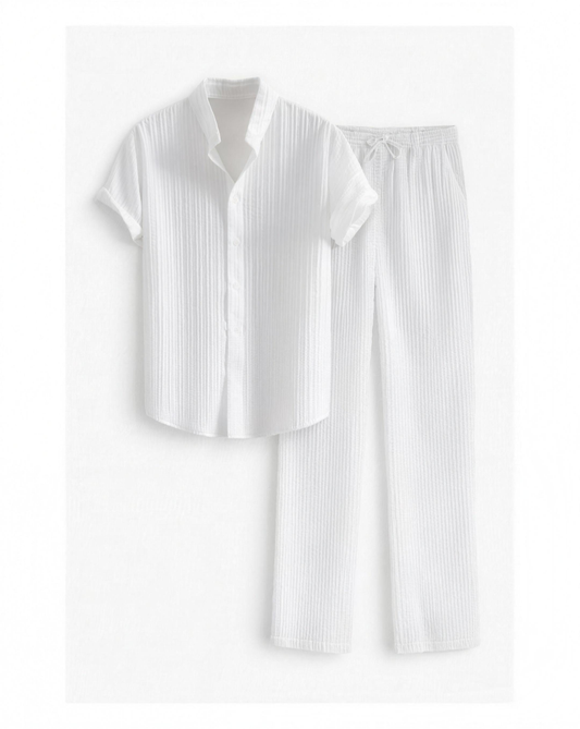 Ensemble chemise homme texturée manches courtes et pantalon droit à cordon