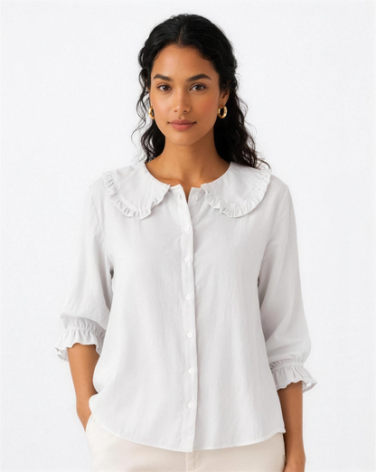 Chemisier femme col rond à volants boutonné