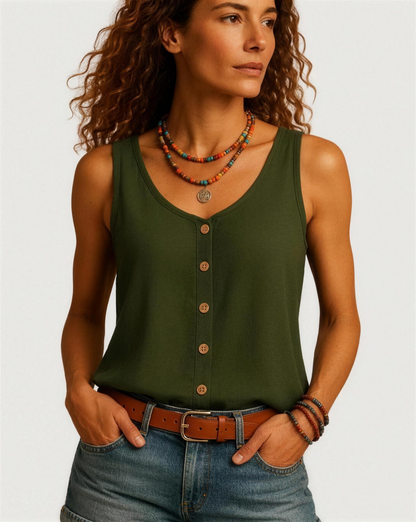 Blouse sans manches femme – col en V respirant et fluide pour l'été | Top léger boutons en bois