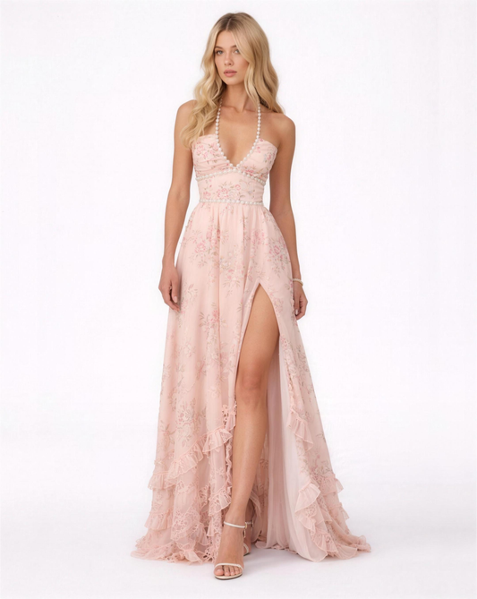 Robe longue halter fendue à volants imprimée