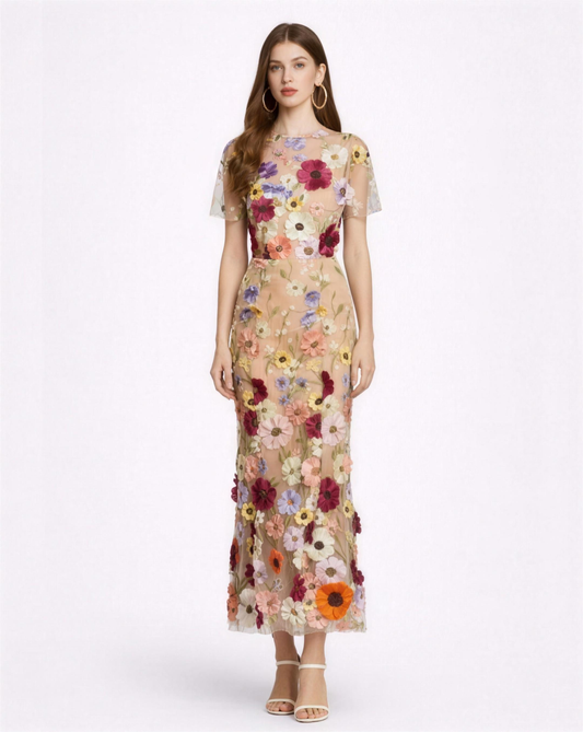 Robe Maxi Sirène Broderies Florales 3D — Invitée de Mariage et Soirée de Cérémonie