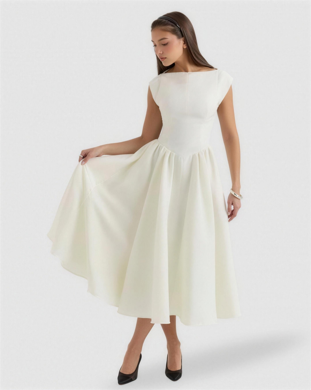 Robe de Cocktail Midi Évasée Encolure Bateau – Rétro Chic & Invitée de Mariage | Taille Cintrée Élégante